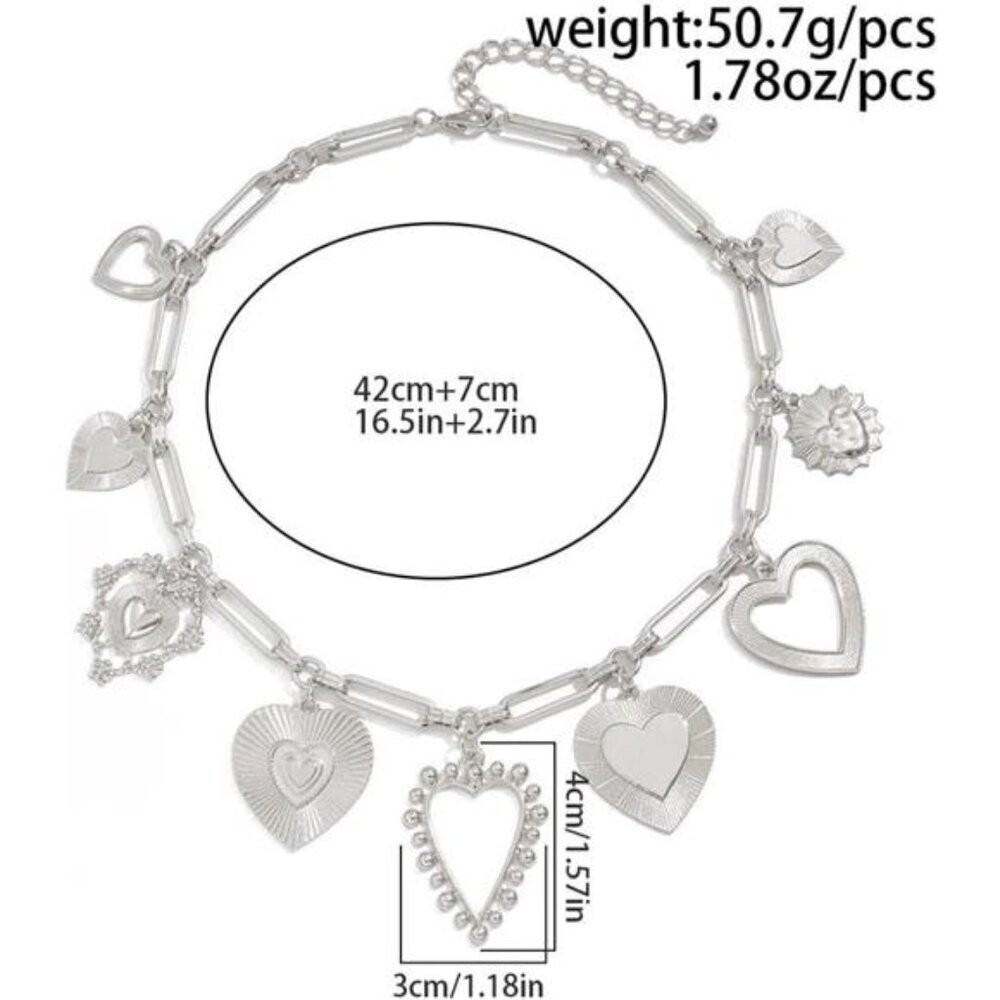 Chunky Heart Pendant Charm Necklace Silver Tone Fashion Layered Jewelry - Picture 4 of 7